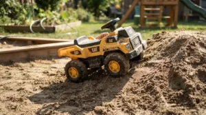 An off-road ride-on car for preteens navigating a small sandy hill.