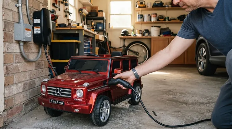 Parent plugging in a charger for a 12v vs 24v ride on car battery setup