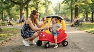 A parent helping a toddler navigate a foot-to-floor push car at a local park.