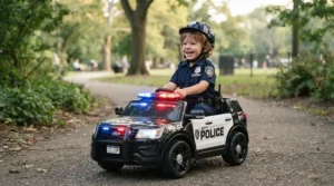 Toddler in a police themed ride-on car for 3 year old with flashing emergency lights