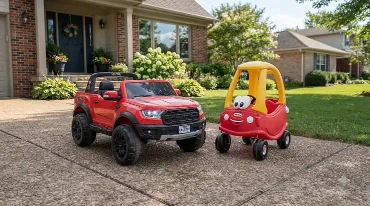 A side-by-side comparison of a foot-to-floor push car and a motorized battery ride-on car for toddlers on a suburban driveway, push car vs battery ride-on car for toddlers