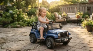An illustration comparing a remote control car vs self-drive car for preschoolers operating in a sunny suburban backyard.