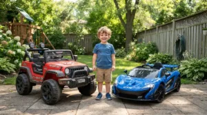 A father watching his child decide between a remote control car vs self-drive car for preschoolers on a suburban driveway