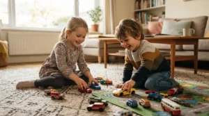 Toddlers exploring a remote control car vs self-drive car for preschoolers during indoor play time on a living room rug