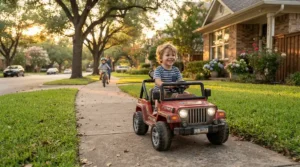 A vector illustration of a remote control car vs self-drive car for preschoolers rolling down a residential sidewalk.