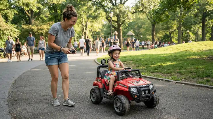 A mom holding a handheld transmitter while evaluating a remote control car vs self-drive car for preschoolers at a local park