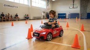 A fun classroom or community play space scene showing a remote control car vs self-drive car for preschoolers in action.