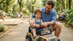 Backup graphic depicting a remote control car vs self-drive car for preschoolers with a parent nearby.