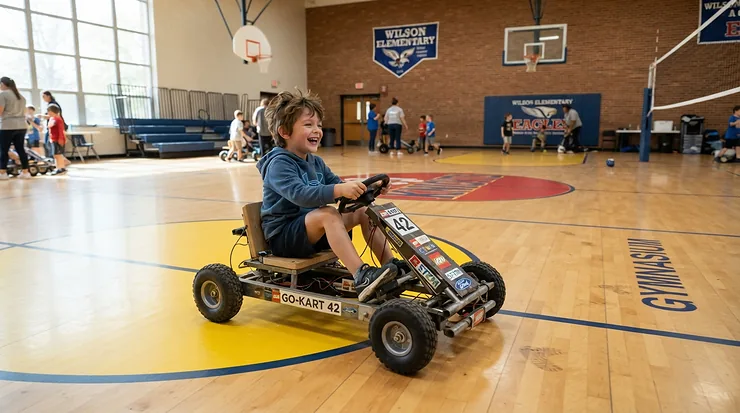 A ride-on car for preschooler with disability navigating a smooth indoor preschool gymnasium floor.