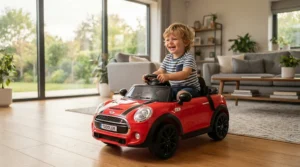 A young child enjoying a ride-on car for preschooler with disability inside a sunlit American suburban living room.