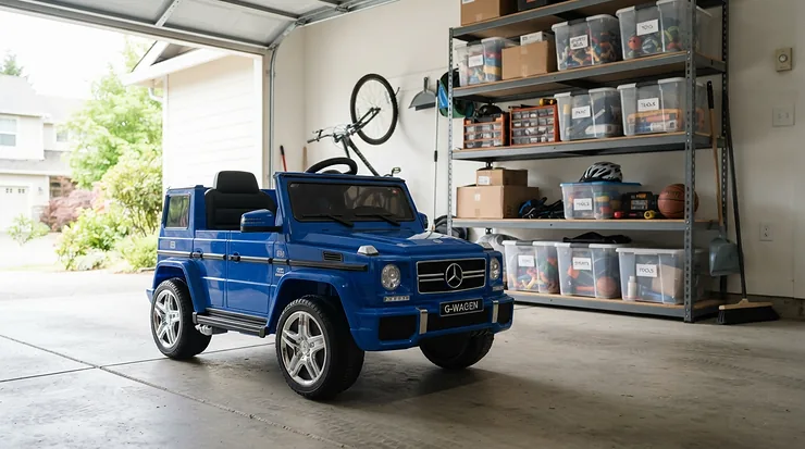A large ride-on car for tall 12 year old parked neatly inside a suburban home garage