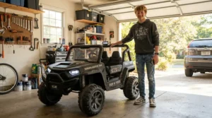 A preteen stepping out of a ride-on car for tall 12 year old, looking toward adult vehicles