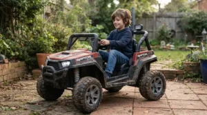 A robust ride-on car for tall 12 year old showing heavy-duty build quality on a backyard patio
