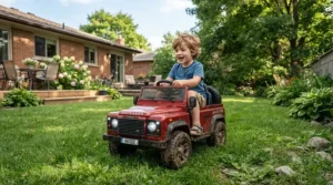 A happy ride-on truck for 7 year old boy driving across a green backyard lawn during a sunny afternoon.