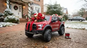 An exciting ride-on truck for 7 year old boy wrapped with a large red ribbon as a birthday gift.