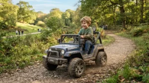 A rugged ride-on truck for 7 year old boy navigating a bumpy dirt trail in a park.