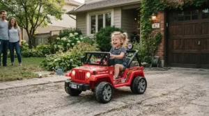 A joyful ride-on truck for 7 year old boy parked near a suburban garage on a bright weekend morning.