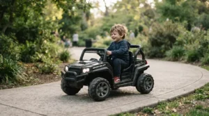 Child riding a black SUV ride-on car for 3 year old with realistic rubber tires
