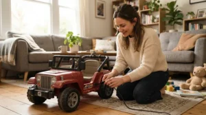 A toddler watching a parent plug in and charge a motorized battery ride-on car indoors