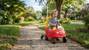A happy toddler steering a red foot-to-floor push car on a sunny neighborhood sidewalk