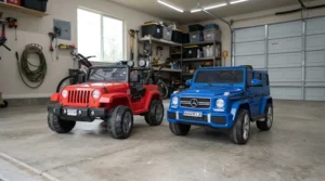 A push car and a battery ride-on car stored neatly together in a suburban garage