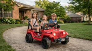 A toddler and an eight-year-old sharing a two-seater ride-on car for siblings on the driveway.