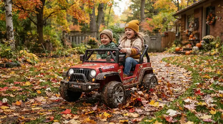 A cozy two-seater ride-on car for siblings navigating through fallen autumn leaves in the yard.