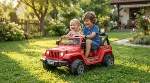 An older sister and younger brother enjoying a two-seater ride-on car for siblings in the backyard.