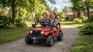 A colorful two-seater ride-on car for siblings rolling along a community walking path.