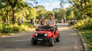 A two-seater ride-on car for siblings cruising down a sunny suburban park sidewalk.