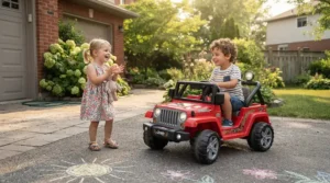Siblings taking turns while playing with a two-seater ride-on car for siblings outside.