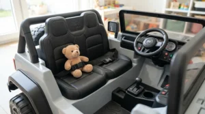 Showing the comfortable toddler seat height inside a 12v two seater ride on truck for two toddlers.