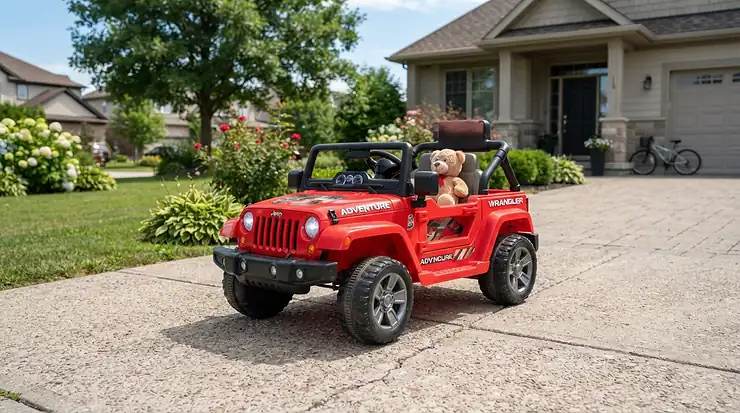 A vibrant 12v two seater ride on truck for two toddlers parked in a suburban driveway on a sunny afternoon.