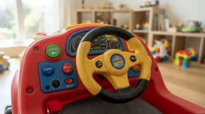 Close-up of the steering wheel and dashboard on a 12v two seater ride on truck for two toddlers with easy-to-use buttons.