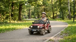 A safe low-speed 2.5 mph cruise on a 12v two seater ride on truck for two toddlers on a paved park pathway.