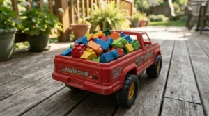 The rear truck bed loaded with toys on a 12v two seater ride on truck for two toddlers parked outside.