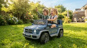Friends having fun in a 24v two seater ride on car for kids 3 to 8 years rolling across a backyard lawn