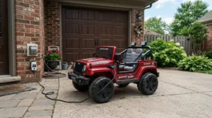A 24v two seater ride on car for kids 3 to 8 years plugged in and charging outside a garage