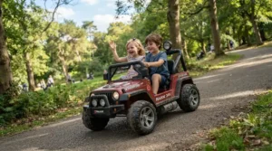 A powerful 24v two seater ride on car for kids 3 to 8 years handling a slight slope outdoors