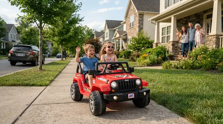 Family watching children in a 24v two seater ride on car for kids 3 to 8 years on the sidewalk