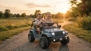 Children enjoying a sunset ride in their 24v two seater ride on car for kids 3 to 8 years