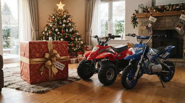 A wrapped present next to an adult electric go-kart vs mini bike in a suburban garage for a car enthusiast.