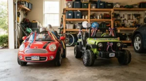 A festive ribbon tied around an adult electric go-kart vs mini bike as a major holiday gift.