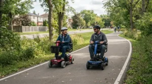 Riders cruising on an adult electric go-kart vs mini bike along a paved community pathway.