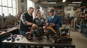 Engineers reviewing specs of an adult electric go-kart vs mini bike in a bright workshop.
