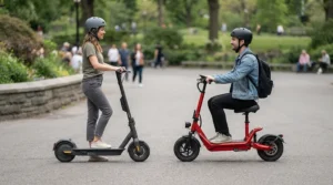Illustration comparing an adult electric go-kart vs mini bike, highlighting seated versus straddle riding positions.