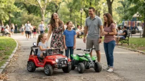 Friends enjoying an adult electric go-kart vs mini bike at a local dirt and asphalt park.
