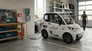 An adult ride-on car plugged into a wall outlet being charged inside a tidy home garage