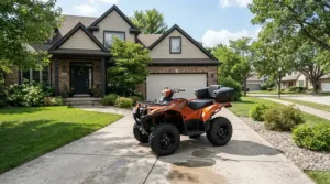An adult ride-on car parked neatly in a sunny suburban driveway on a quiet afternoon