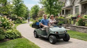 A budget-friendly adult ride-on car being driven smoothly down a smooth neighborhood sidewalk
